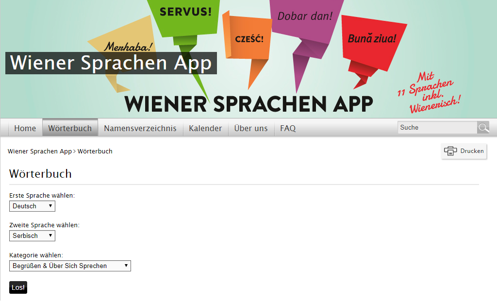 Screenshot der Web-Anwendung Wiener Sprachen App