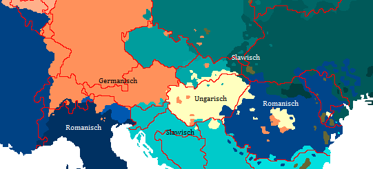 Karte mit farblichen Einzeichnungen der Sprachfamilien um Ungarn